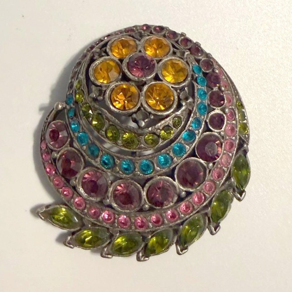 Vintage Vendome Multi-Color Rhinestone Swirl Brooch Silver Tone Floral Pin